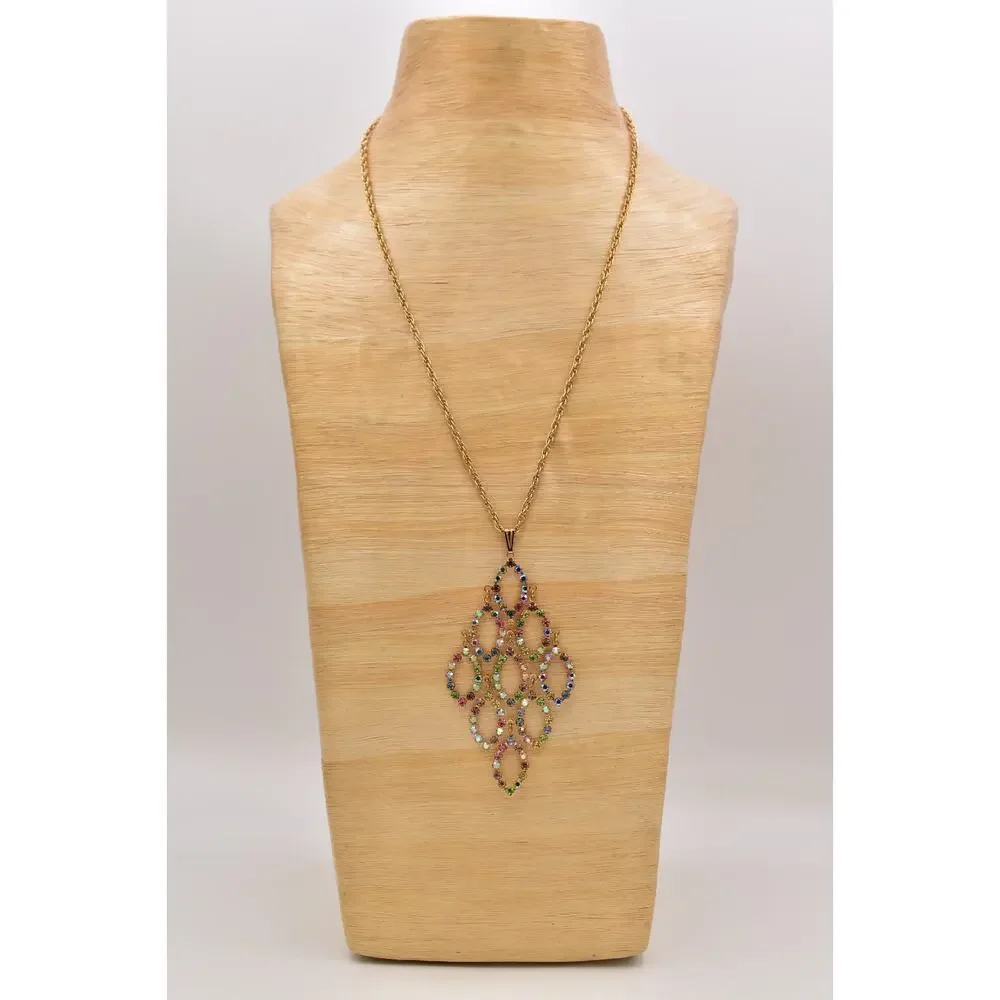 Vintage Crystal Pendant Multi-Color Rhinestone Prong Sparkling Gold 1980s BinBD